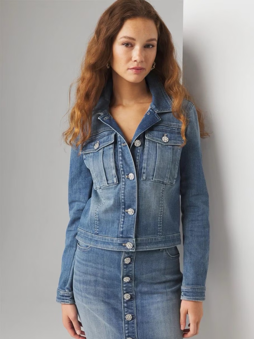 White House Black Market Cropped Denim Jacket with Rhinestone Buttons. Size: